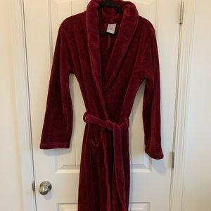 Long deep red fuzzy robe